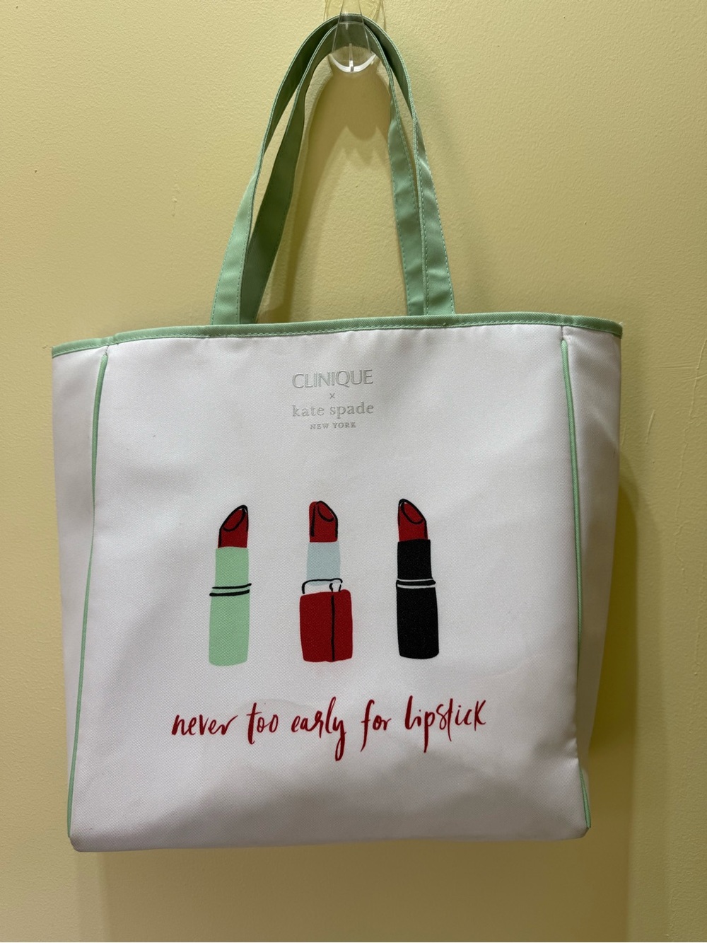 Clinique x Kate Spade White and Mint Tote Bag - Never Too Early For Lipstick